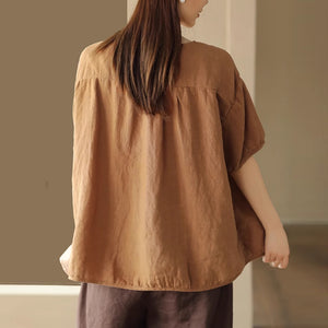 Áo sơ mi linen ngắn tay cổ tròn thêu hoa lá lệch - NU8949