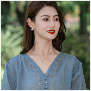 Áo sơ mi linen tay lửng cổ V thêu viền - NU10015
