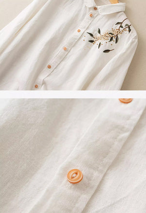 Áo sơ mi linen dài tay cổ pipi thêu nhành hoa - NU9249