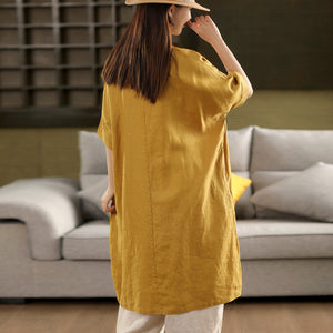Đầm liền linen ngắn tay cổ tròn khuy vai - D078