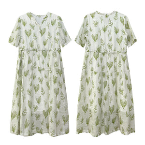 Đầm liền linen ngắn tay cổ V in những chiếc lá - NU8789