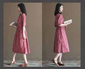 Đầm liền linen ngắn tay cổ pipi in hoa lá liti - NU10018