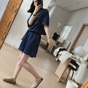 Bộ đồ denim gồm quần sooc và áo sơ mi ngắn tay cổ đức - NU8682