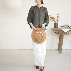 Áo sơ mi linen ngắn tay cổ đứng kẻ sọc - NU10079