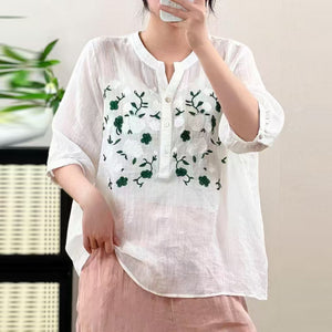 Áo sơ mi linen ngắn tay cổ đứng xẻ V thêu hoa lá - A933