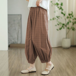 Quần baggy linen lưng thun ống bo chun kẻ caro - NU10265