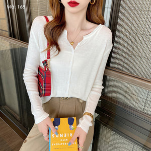 Áo khoác len tăm cardigan dài tay cổ tròn xẻ V - A164