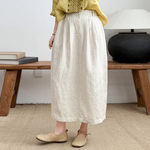 Chân váy linen lưng thun hai túi sau khuy cài - V073