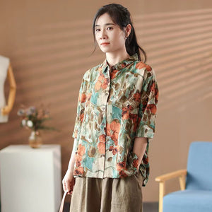 Áo sơ mi ngắn tay cổ đức in hoa lá retro - A054