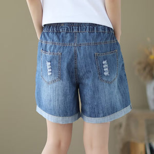 Quần sooc denim lưng thun thêu cô gái hai túi sau - NU10288
