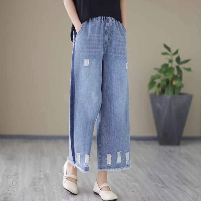 Quần baggy denim lưng thun rống đứng kiểu rách dải màu - NU8819