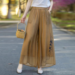 Quần baggy linen lưng thun ống rộng thêu nhành hoa - NU10418