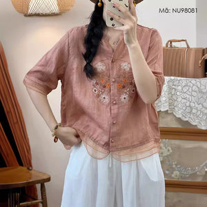 Áo sơ mi organza ngắn tay cổ V thêu hoa lá - NU9808