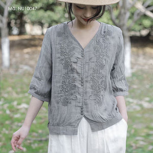 Áo sơ mi linen ngắn tay cổ V thêu mùa hè - NU10043