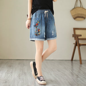 Quần sooc denim lưng thun thêu hoa lá chỉ nổi - NU10287