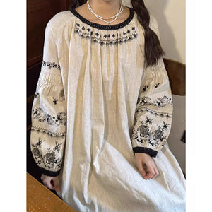 Đầm liền linen Morigirl dài tay cổ tròn thêu retro  - NU10334