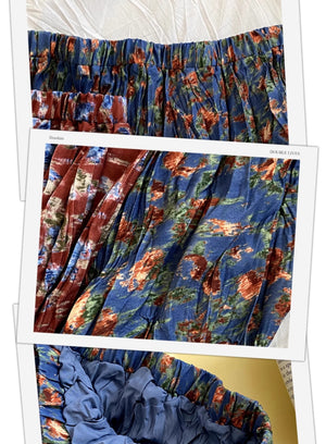 Chân váy linen retro lưng thun xếp ly in hoa lá - NU10041