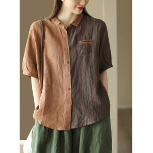Áo sơ mi linen ngắn tay cổ pipi kẻ sọc mảng màu một túi nhỏ - NU8856