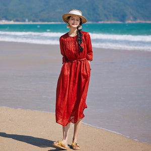 Đầm liền linen ngắn tay cổ tròn khuy cài - NU9904