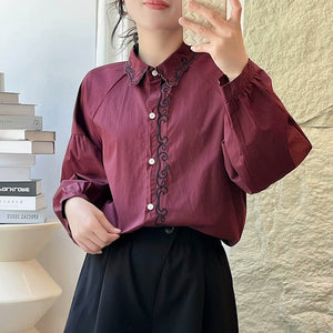 Áo sơ mi linen dài tay cổ đức thêu bo viền - NU9857
