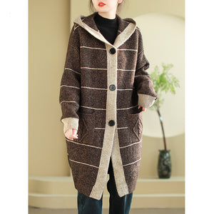 Áo khoác len đan cardigan form dài hai túi kẻ sọc có mũ - NU9560