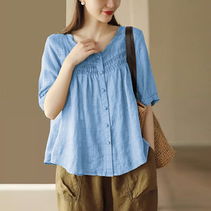 Áo sơ mi linen ngắn tay cổ tròn xếp ly retro - NU10342
