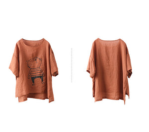 Áo T-shirt linen ngắn tay cổ tròn in chú mèo đeo kính - NU10463