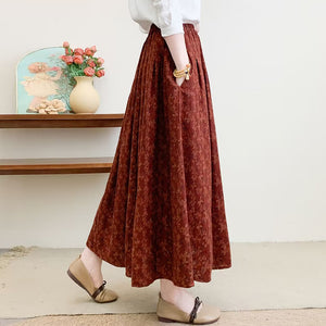 Chân váy retro lưng thun xếp ly in hoa liti - V011