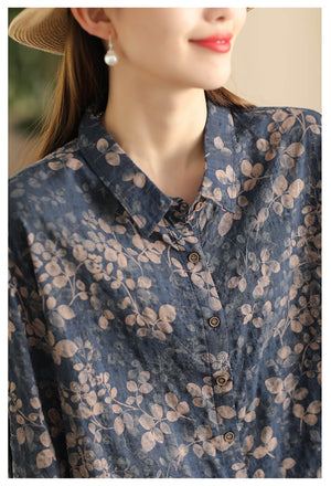 Áo sơ mi linen ngắn tay cổ đức in retro vạt bằng - A941