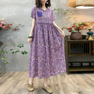 Đầm liền linen ngắn tay cổ V in hoa văn thêu một túi - D117