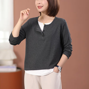 Áo T-shirt dài tay cổ tròn khuy cài một màu - NU9436