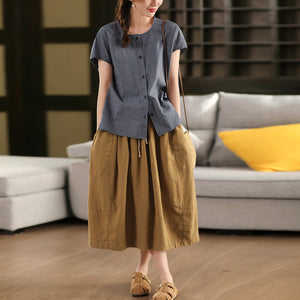 Áo sơ mi linen sát nách cổ tròn kiểu caro - A949