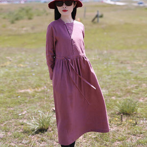 Đầm liền linen dài tay cổ tròn khuy cài lệch - NU9562