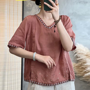 Áo T-shirt linen ngắn tay cổ V thêu bo viền - NU10071