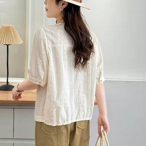 Áo sơ mi linen ngắn tay cổ tròn thêu hoa liti - A876