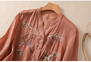 Áo sơ mi linen ngắn tay cổ V thêu tứ quý - NU9817