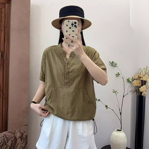 Áo sơ mi linen ngắn tay cổ tròn thêu retro vạt dây rút - NU10346