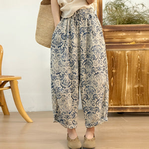 Quần baggy linen lưng thun ống rộng in hoa văn trừu tượng - Q247