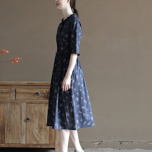 Đầm liền linen ngắn tay cổ đứng in những bó hoa liti - NU10017