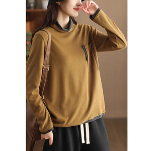 Áo T-shirt dài tay cổ lọ phối màu đơn sắc một túi - NU9381