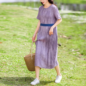 Đầm liền linen ngắn tay cổ tròn eo phối dải màu - NU9913