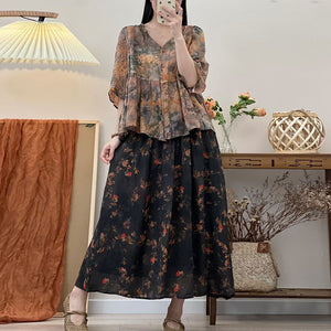 Áo sơ mi linen babydoll ngắn tay cổ V in hoa lá - NU9856
