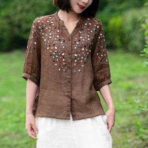 Áo sơ mi linen ngắn tay cổ V thêu hoa liti màu sắc - NU9845