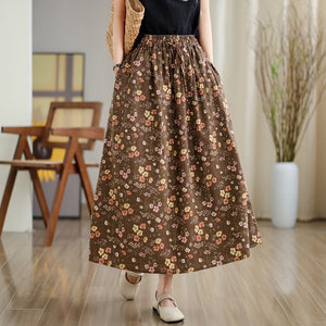 Chân váy linen lưng thun dây rút in hoa vintage - NU10179