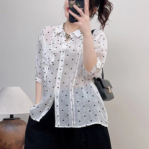 Áo sơ mi linen ngắn tay cổ đức chấm bi một túi - NU10437