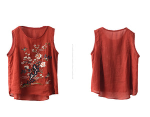 Áo T-shirt linen sát nách cổ tròn thêu tranh - NU8700