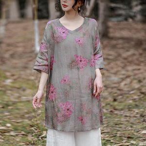 Áo sơ mi linen tay lửng cổ V form dài in hoa lá - NU10012