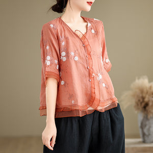 Áo sơ mi linen ngắn tay cổ V thêu hoa lá bo ren - A968