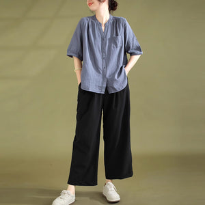 Áo sơ mi linen ngắn tay cổ đứng xẻ V một túi - NU8936