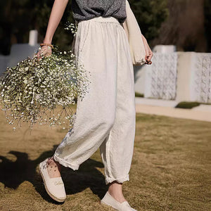 Quần baggy linen lưng thun hai túi chéo tua rua - NU10211